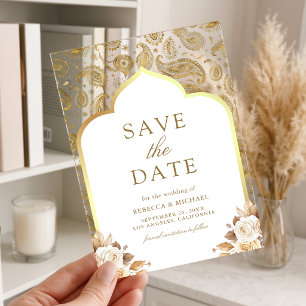 White Gold Paisley Indian Wedding Save the Date Acrylic Invitations