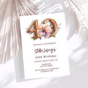 White gold peach floral 40th birthday invitation