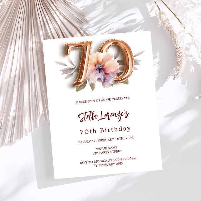 White gold peach floral 70th birthday invitation (Creator Uploaded)