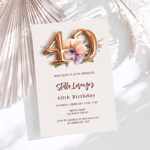 White gold peach floral beige 40th birthday invitation