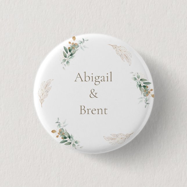 White & Gold Personalized Foliage Wedding 1 Inch Round Button (Front)
