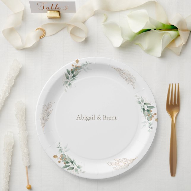 White & Gold Personalized Foliage Wedding Paper Plate (Wedding)