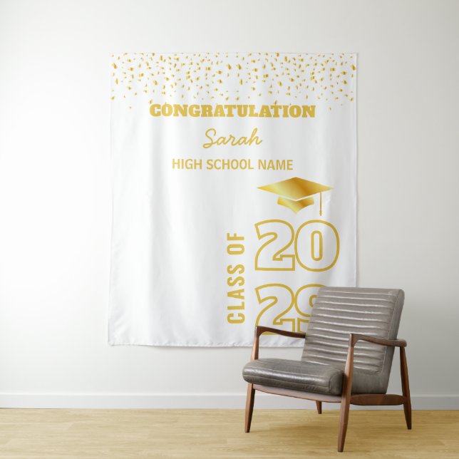 white & Gold Personalized Graduation Party Custom Tapestry (In Situ)