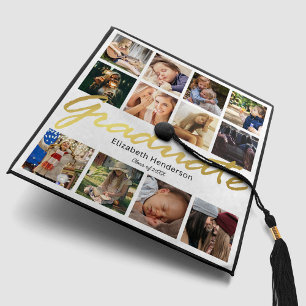 White Gold Photo Collage Graduation Cap Topper