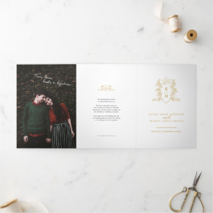 White gold photo crown monogram wedding Tri-Fold programme