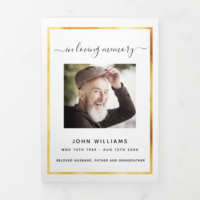 White gold photo elegant tri-fold funeral program announcement (Cover)