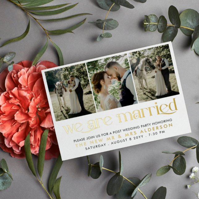 White Gold Photo We Are Married Post Wedding Party Foil Invitation Postcard (Creator Uploaded)