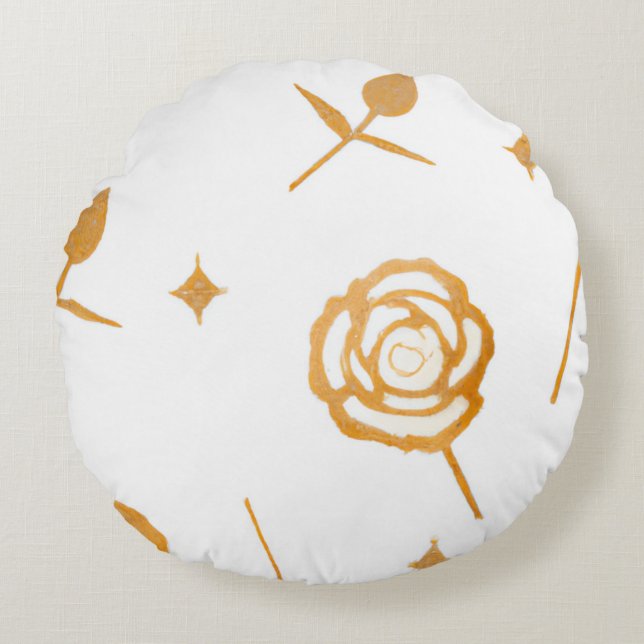 White & Gold Plate Rose Floral Pattern Round Pillow (Front)