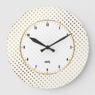 White & Gold Polka Dots Pattern Large Clock