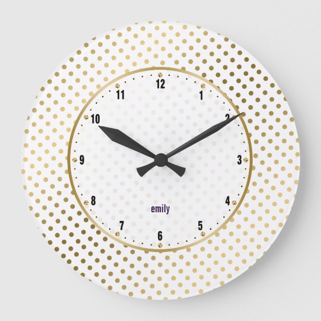White & Gold Polka Dots Pattern Large Clock (Front)