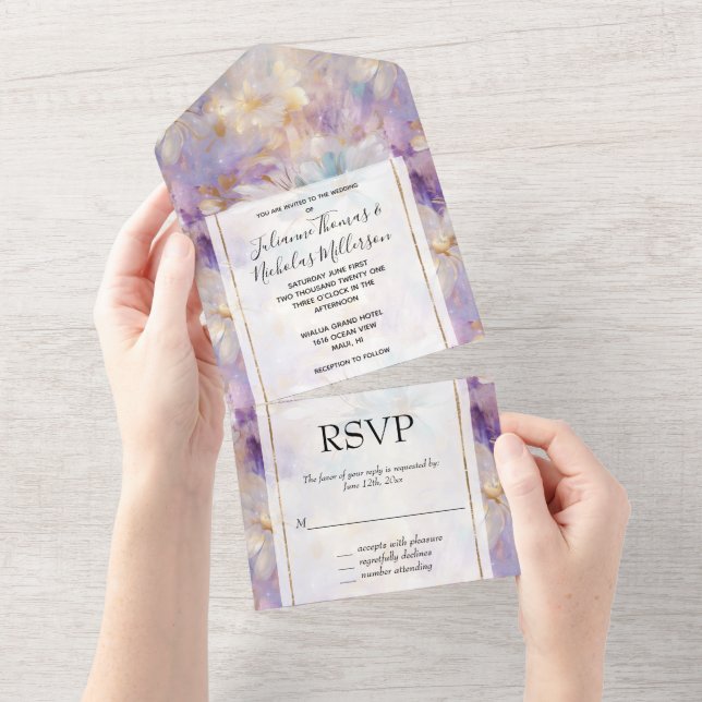 White Gold Purple Blue Floral All In One Invitation (Tearaway)