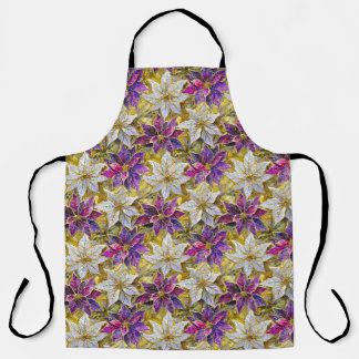 White Gold Purple Pink Christmas Poinsettias Apron