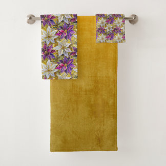 White Gold Purple Pink Christmas Poinsettias Bath Towel Set