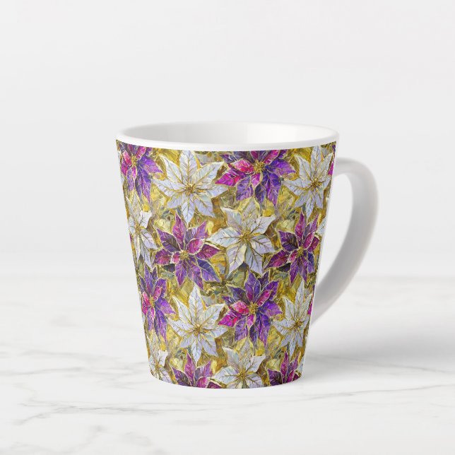 White Gold Purple Pink Christmas Poinsettias Latte Mug (Right Angle)