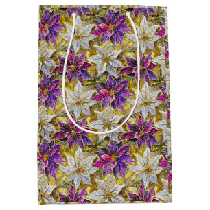 White Gold Purple Pink Christmas Poinsettias Medium Gift Bag
