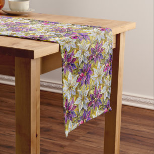 White Gold Purple Pink Christmas Poinsettias Medium Table Runner