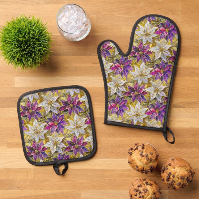 White Gold Purple Pink Christmas Poinsettias Oven Mitt & Pot Holder Set (Top Down)