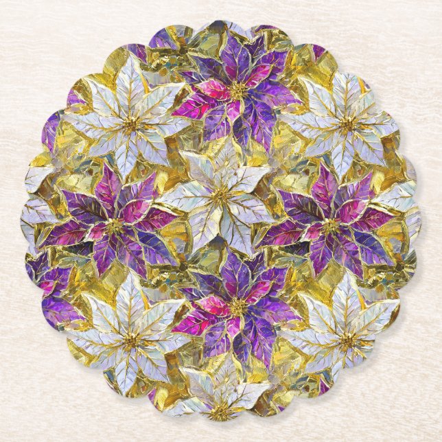 White Gold Purple Pink Christmas Poinsettias Paper Coaster (Front)