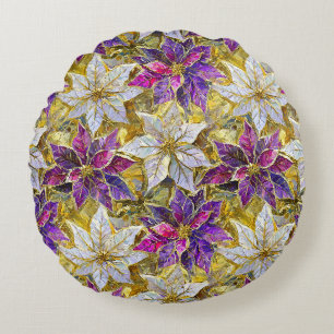 White Gold Purple Pink Christmas Poinsettias Round Pillow