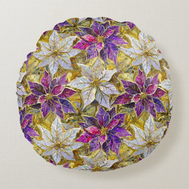White Gold Purple Pink Christmas Poinsettias Round Pillow (Front)