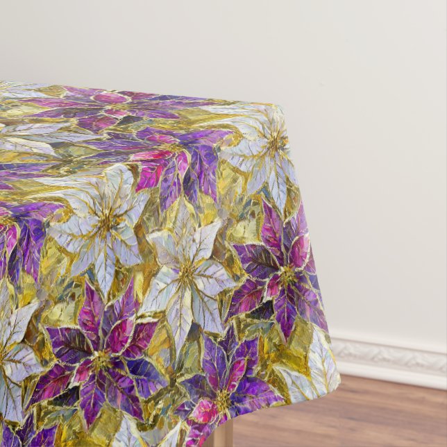White Gold Purple Pink Christmas Poinsettias Tablecloth (In Situ)