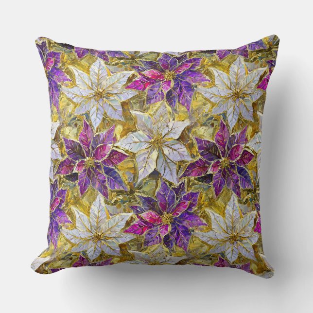 White Gold Purple Pink Christmas Poinsettias Throw Pillow (Front)