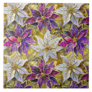 White Gold Purple Pink Christmas Poinsettias Tile