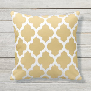 White & Gold Quatrefoil Ikat Geometric Pattern Outdoor Pillow