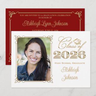 White, Gold, Red 2025 Photo Graduation Invite