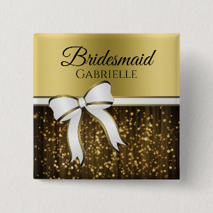 White & Gold Ribbon Wedding Bridesmaid Name Tag 2 Inch Square Button