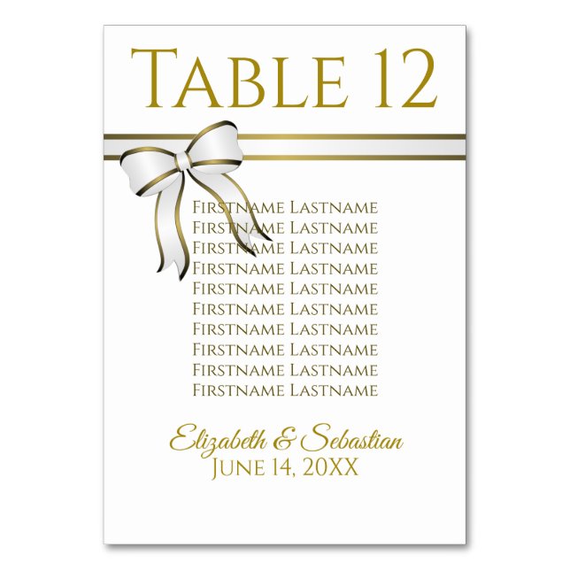 White & Gold Ribbon Wedding Seating Chart Table Number (Back)