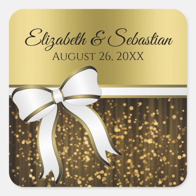White & Gold Ribbon Wedding Stickers (Front)