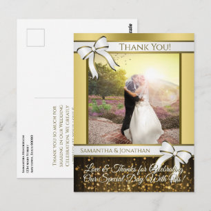 White & Gold Ribbon Wedding Thank You Postcard
