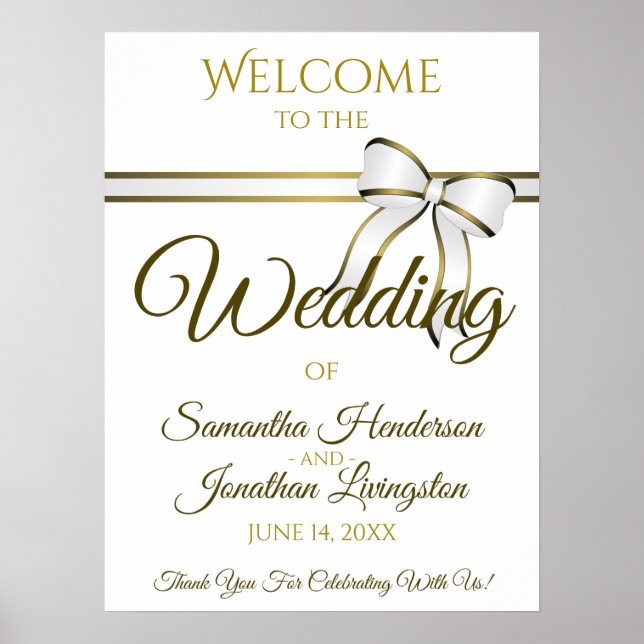 White & Gold Ribbon Wedding Welcome Sign (Front)