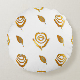 White & Gold Rose Floral Pattern Round Pillow