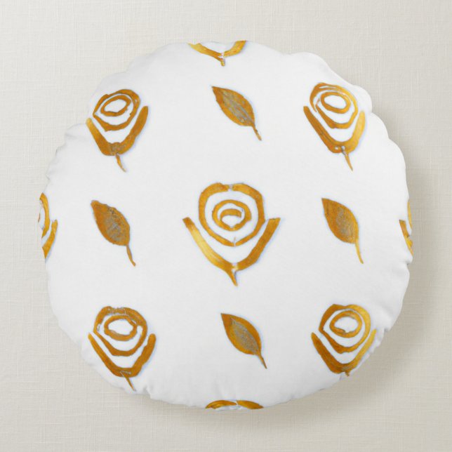 White & Gold Rose Floral Pattern Round Pillow (Front)
