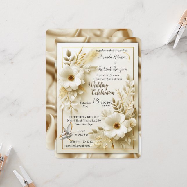 White Gold Roses, Champagne Silk & Butterflies Invitation (Front/Back In Situ)