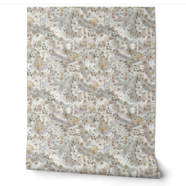 White Gold Roses, Champagne Silk & Butterflies Wallpaper (Unrolling)