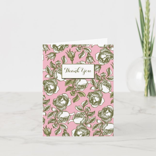 White Gold Roses on Pink Editable Thank You Card (Front)