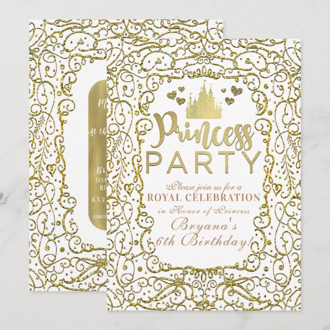 White & Gold Royal Castle PRINCESS PARTY Birthday Invitation (Front/Back)