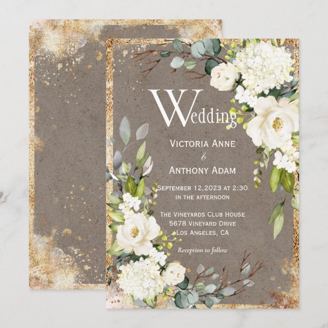 White Gold Rustic Floral Brown Wedding Invitation (Front/Back)