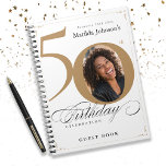 White Gold Script Elegant 50th Birthday Guestbook  Notebook<br><div class="desc">White Gold Script Elegant 50th Birthday Guestbook notebook. And elegantly designed special birthday celebration, featuring a custom photo of birthday person and script calligraphy with vintage flourish elements. Add photo inserts to this binder to make it a wonderful album to store all your photos and memories of the celebration! Need...</div>