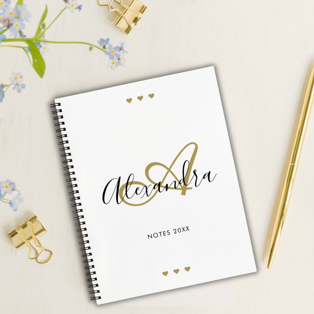 White Gold Script Initial Monogram Journal (Elegant Monogram White Gold Script Initial Name Notebook)