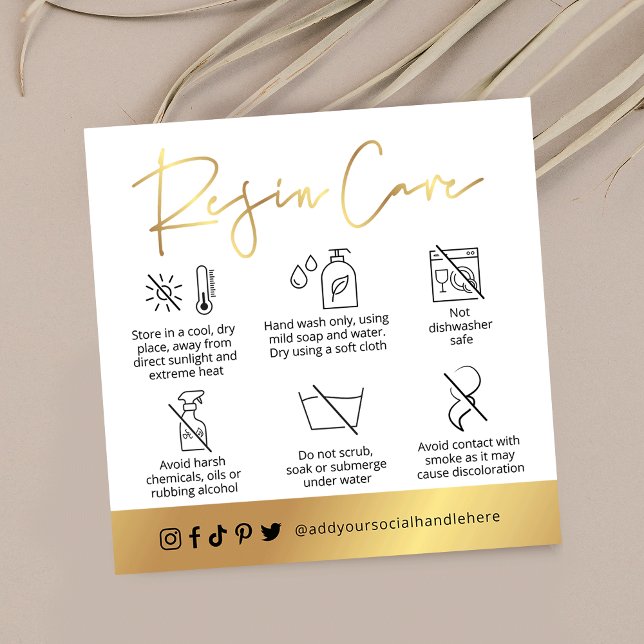 White & Gold Script Logo Resin Coasters Care Guide Square Business Card (Creator Uploaded)