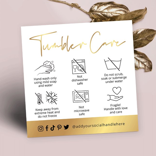 White & Gold Script Logo Tumbler Cup Care Guide Square Business Card (White and gold tumbler and cups care cards with icons and your logo)
