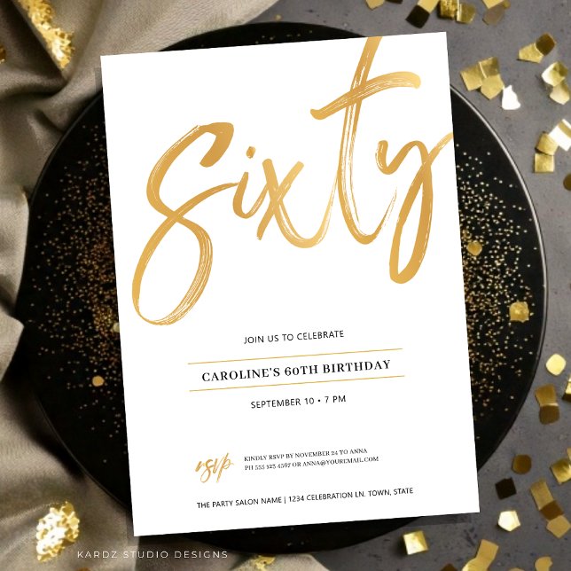 White Gold Script Sixty Birthday Invitation (Sixty Birthday invitation shown in a flat 5x7 card.)