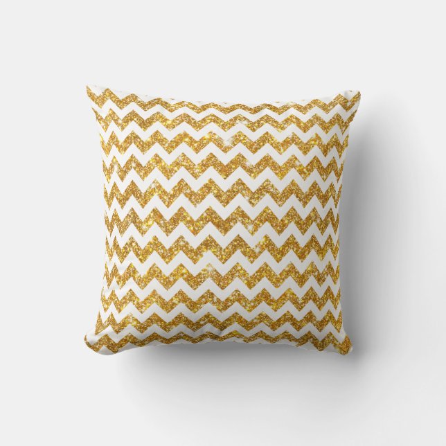 White Gold Shining Faux Glitter Chevron Pattern Throw Pillow (Front)