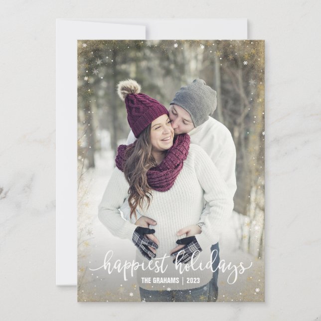 White Gold Silver Snowflake Photo Christmas Cards (Front)