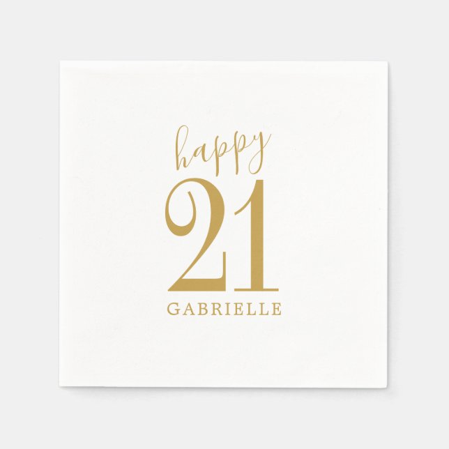 White Gold Simple Happy Custom Age Name Birthday Napkin (Front)