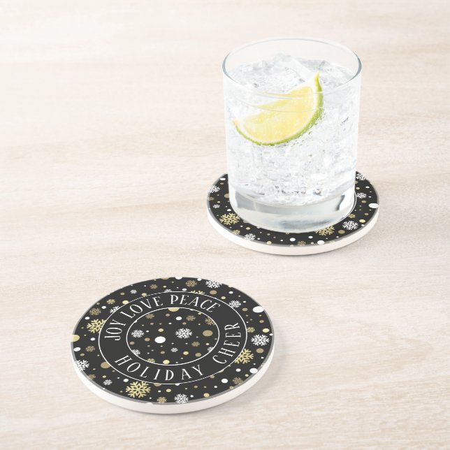 White Gold Snowflakes Polkadots On Black Coaster (Side)